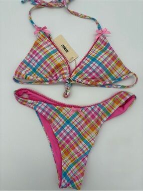 Seafolly Pink Multi Plaid Triangle Bikini NWT